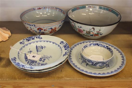 Two Chinese Export polychrome-decorated bowls & five blue and white dishes, various